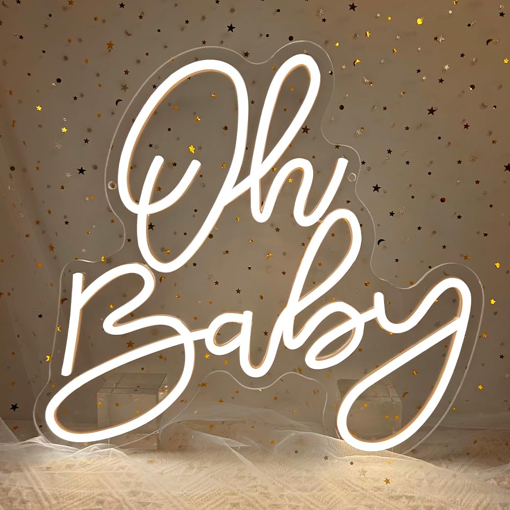Songyuneon Oh Baby neon sign enhances baby shower backdrop with soft glow.