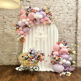 Songyuneon Oh Baby neon sign on dessert table adds warm ambiance.
