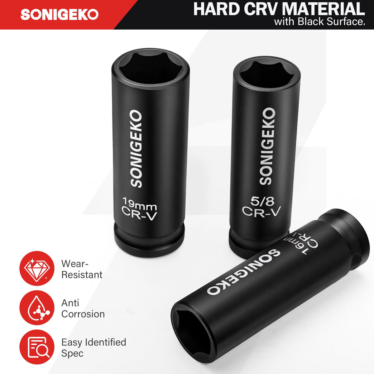 SONIGEKO laser etched size markings speed up tool selection.