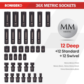SONIGEKO metric deep sockets highlight secure fastener engagement.