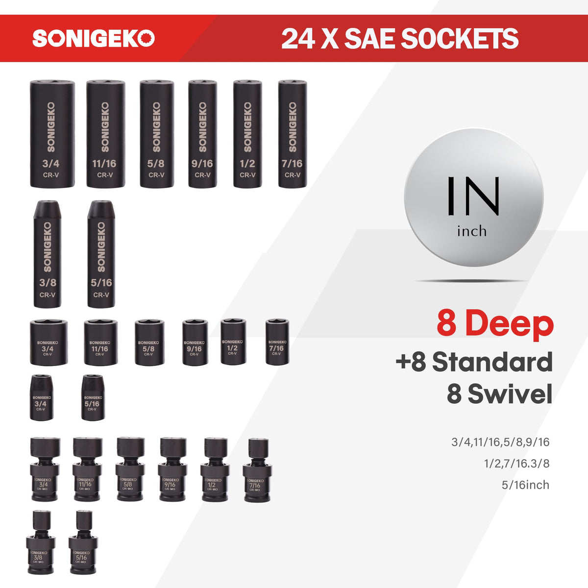 SONIGEKO metric standard sockets row for versatile metric tasks.