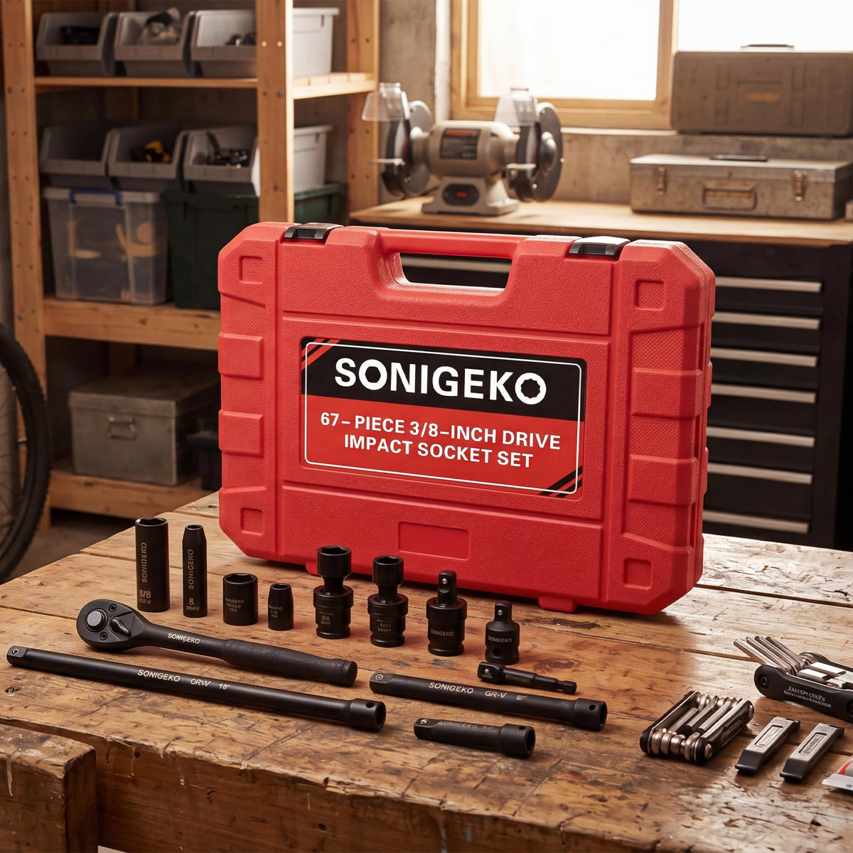 SONIGEKO ratchet, extension, and universal joint provide flexible setup.
