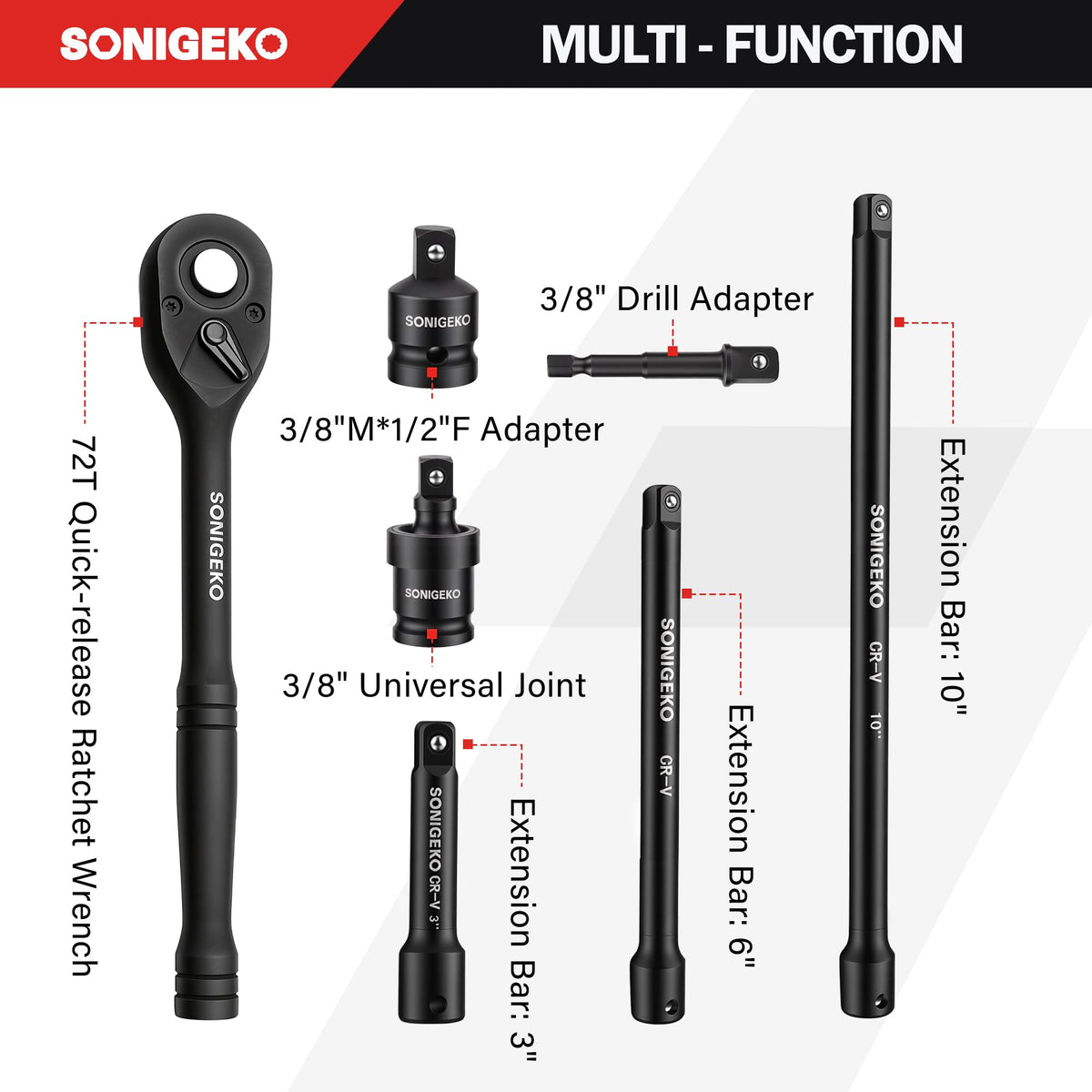 SONIGEKO SAE swivel sockets angle for easier access in tight spaces.