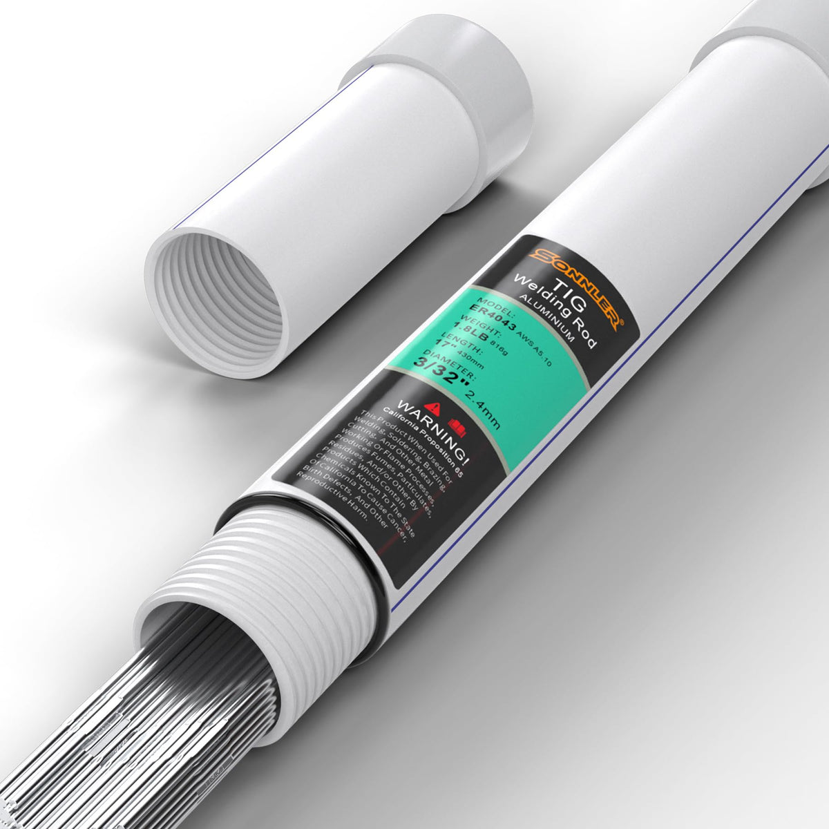 SONNLER ER4043 TIG welding rod close-up highlights a smooth aluminum filler for precise work.