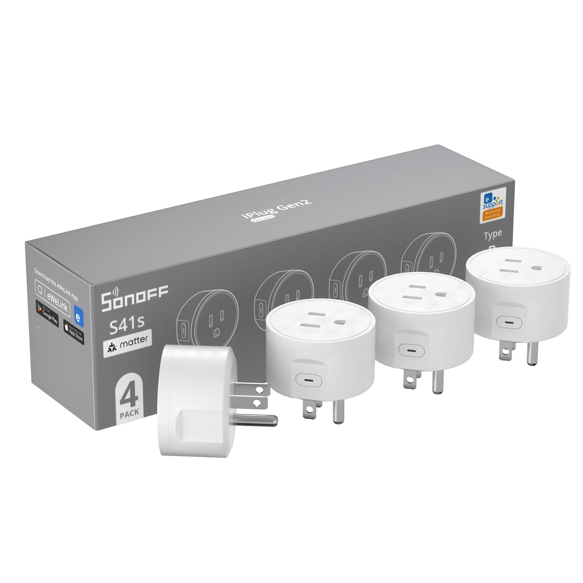 SONOFF S41s four-pack unboxing with ready-to-use smart plugs for easy setup.