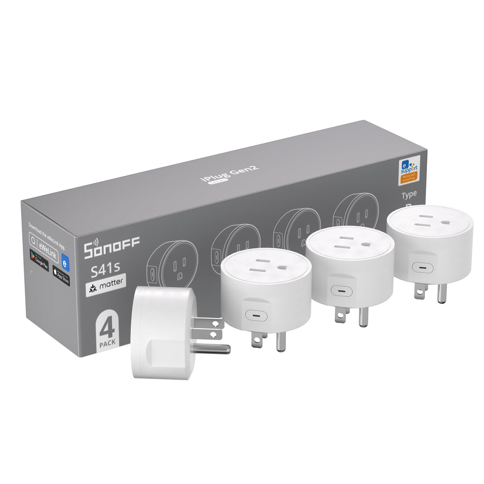 SONOFF S41s four-pack unboxing with ready-to-use smart plugs for easy setup.