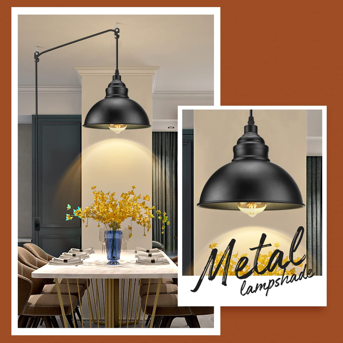 Industrial metal shade pendant by SoodMi adds bold kitchen ambience.