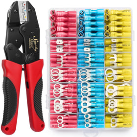 Sopoby crimping tool in action with heat shrink connectors for secure crimps.