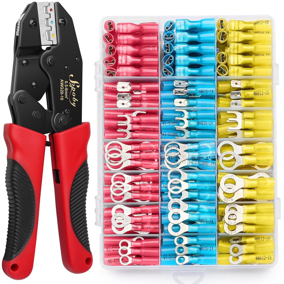 Sopoby crimping tool in action with heat shrink connectors for secure crimps.
