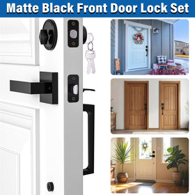 Sopoby modern matte black entry hardware enhances curb appeal and security.