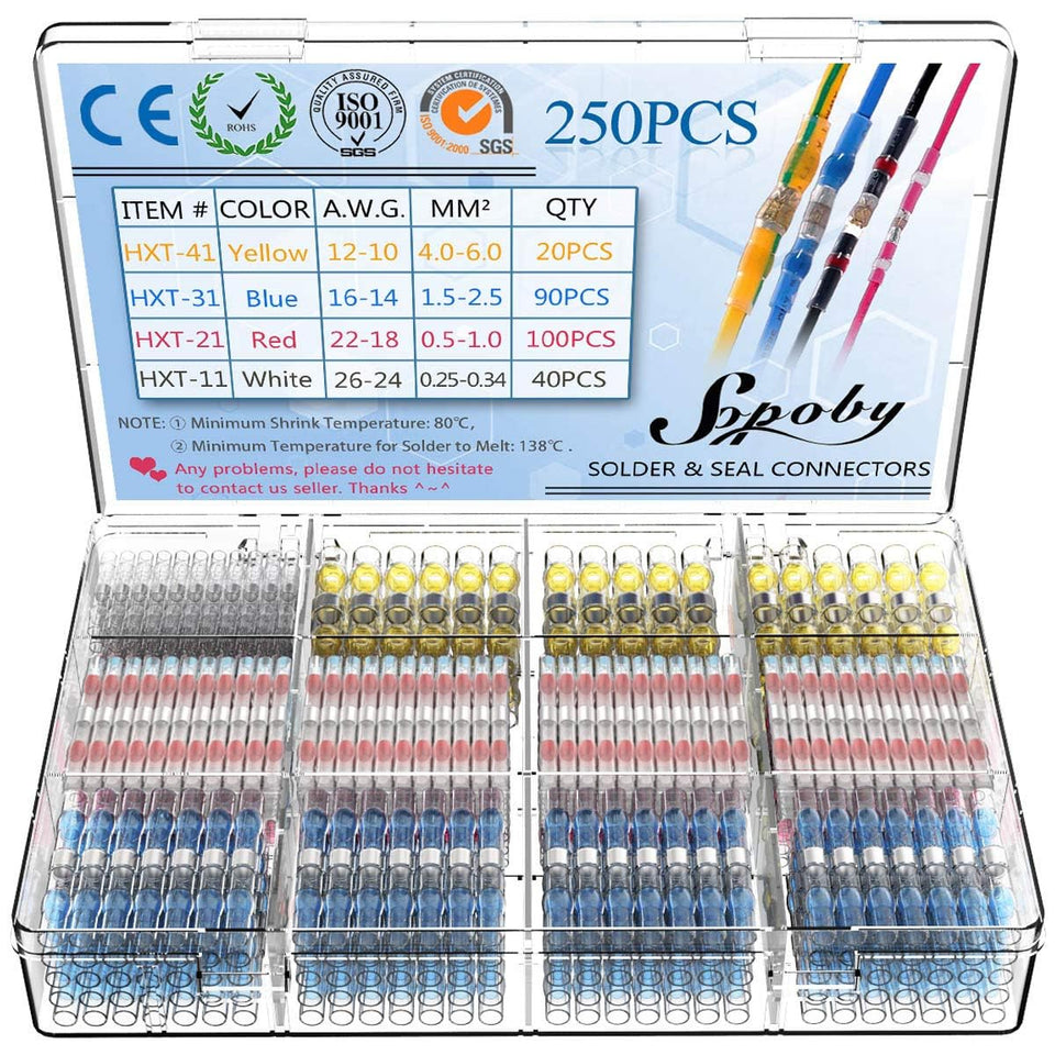 Sopoby solder-seal wire connectors kit for durable electrical connections in automotive projects.