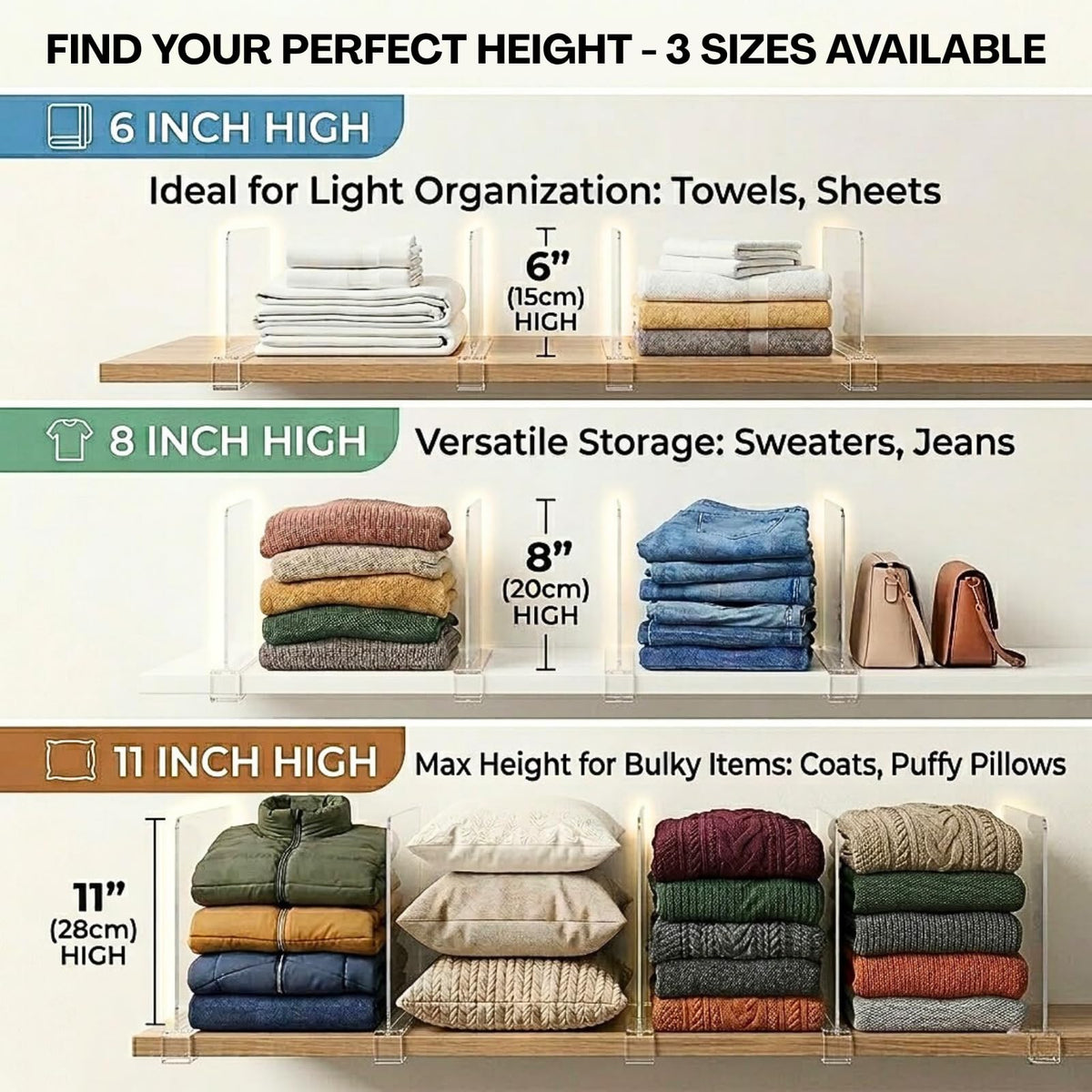SortNStore adjustable-placement shelf dividers install without tools for flexible organization.