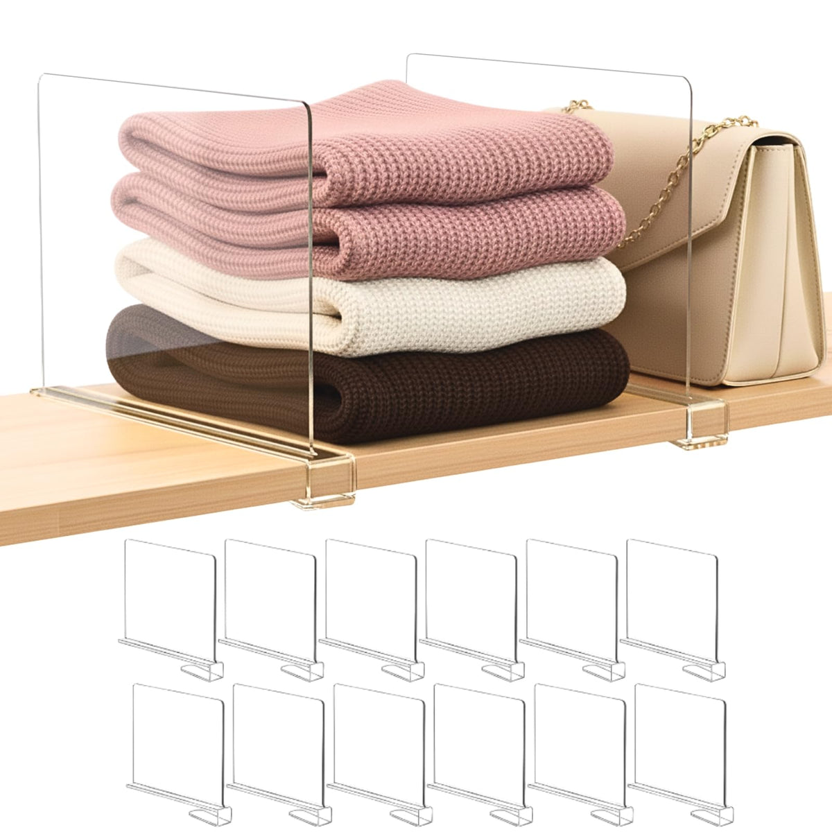SortNStore shelf dividers with clear acrylic purse organizer on a shelf for easy access.