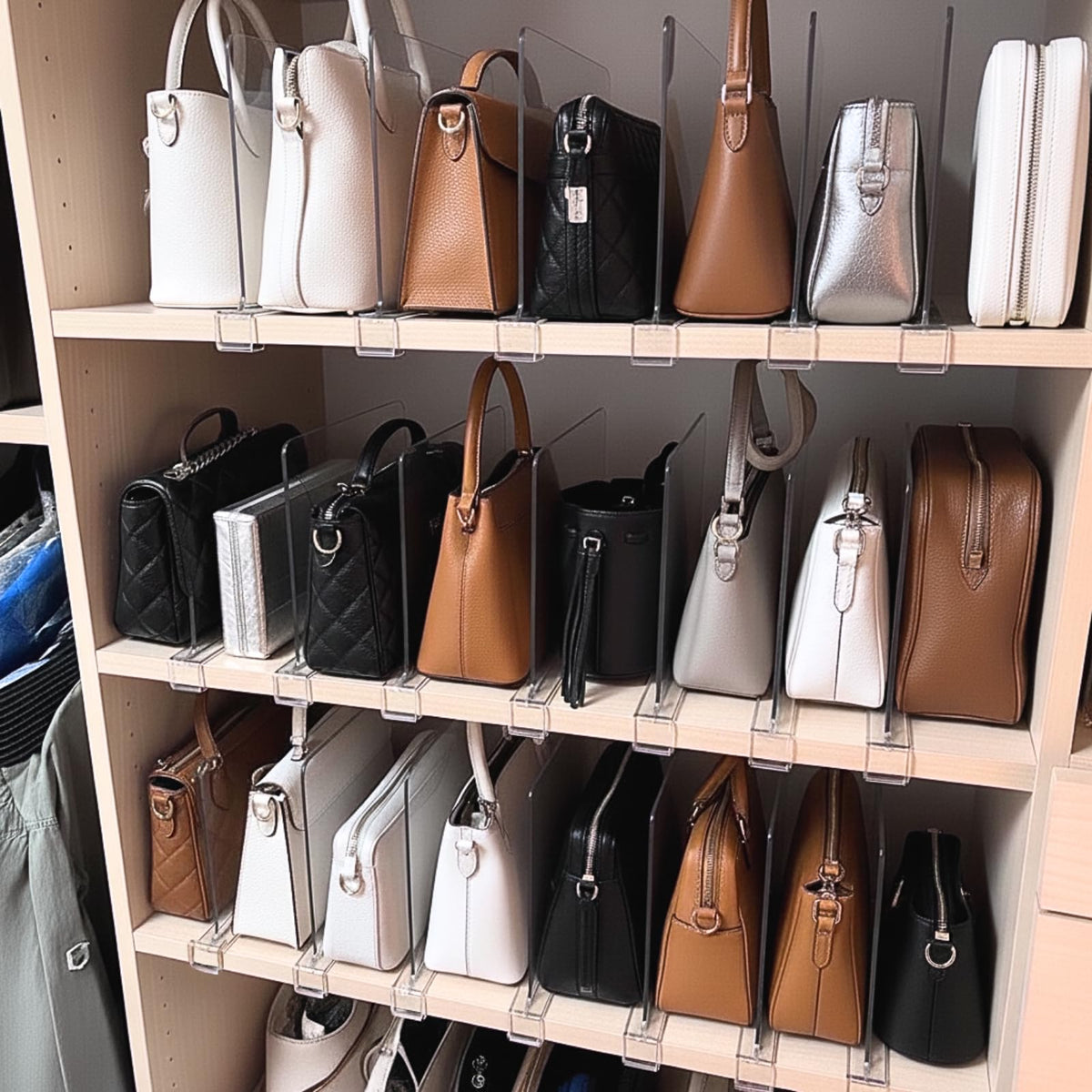 SortNStore wardrobe and towel organization on wood shelves maximizing space.