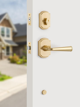 SORWDUERM brushed brass lever entry enhances curb appeal while securing doors.