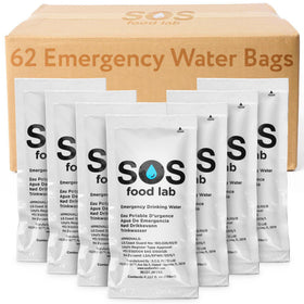 SOS Emergency Water 62-packets packaging for compact, ready-to-store survival water.