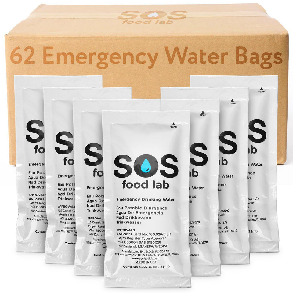 SOS Emergency Water 62-packets packaging for compact, ready-to-store survival water.