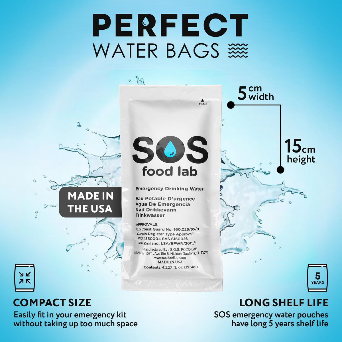 SOS Emergency Water five-year-shelf-life highlights long-term storage for disaster prep.