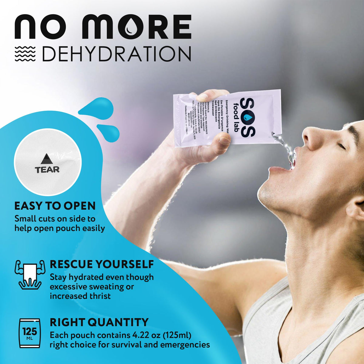 SOS Emergency Water measured-dispense shows easy sachet-to-glass use in emergencies.
