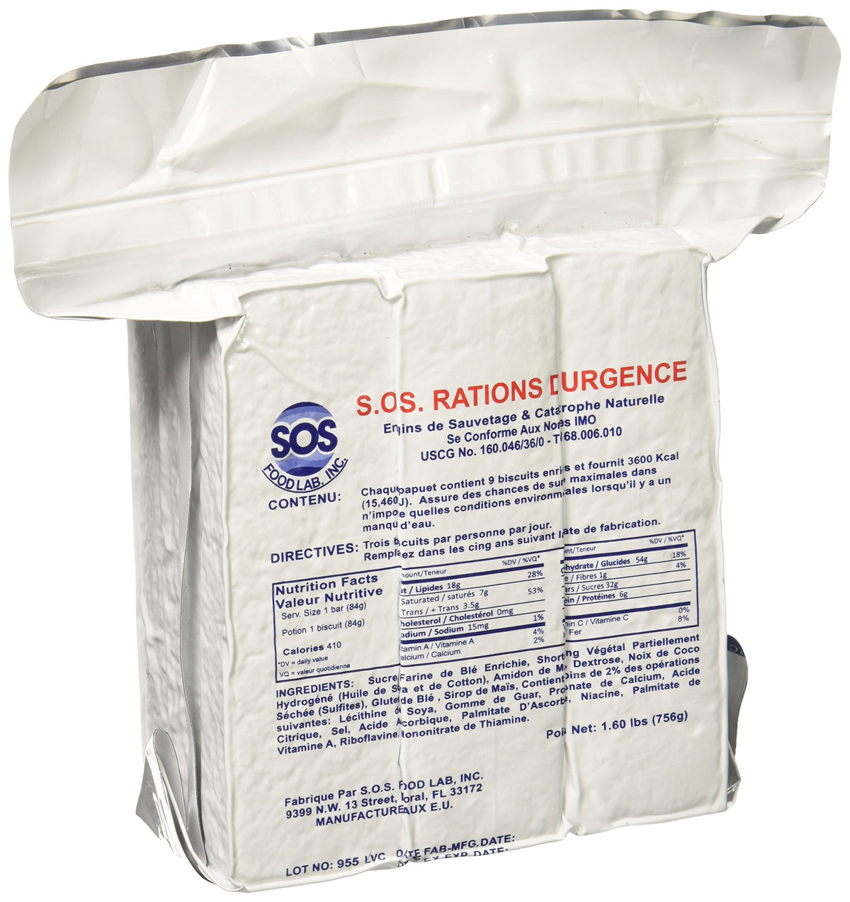 SOS Food Labs Rations emergency bars package showing 3600 calories for multi-day survival.