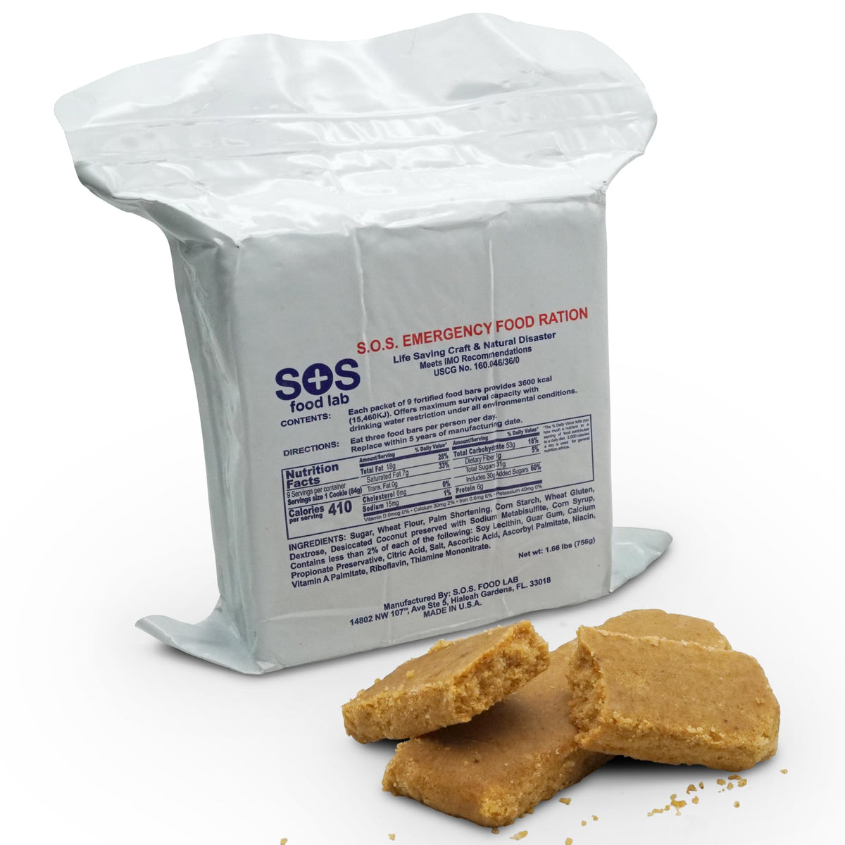 SOS Food Labs SOS Rations emergency bar packaging shows a compact 3-day emergency kit