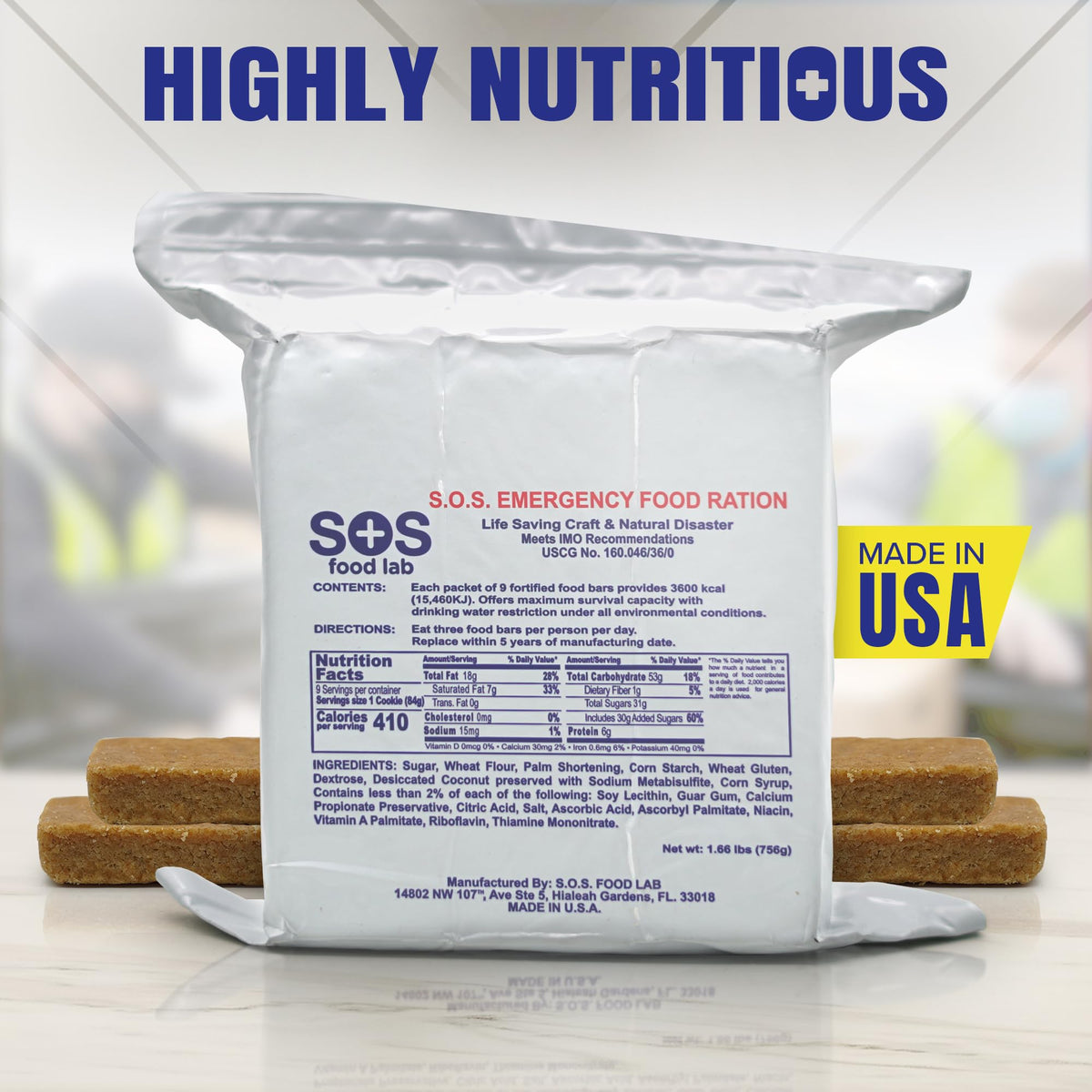 Serving scene shows ready-to-eat SOS Rations bars for disaster readiness