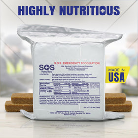 Serving scene shows ready-to-eat SOS Rations bars for disaster readiness
