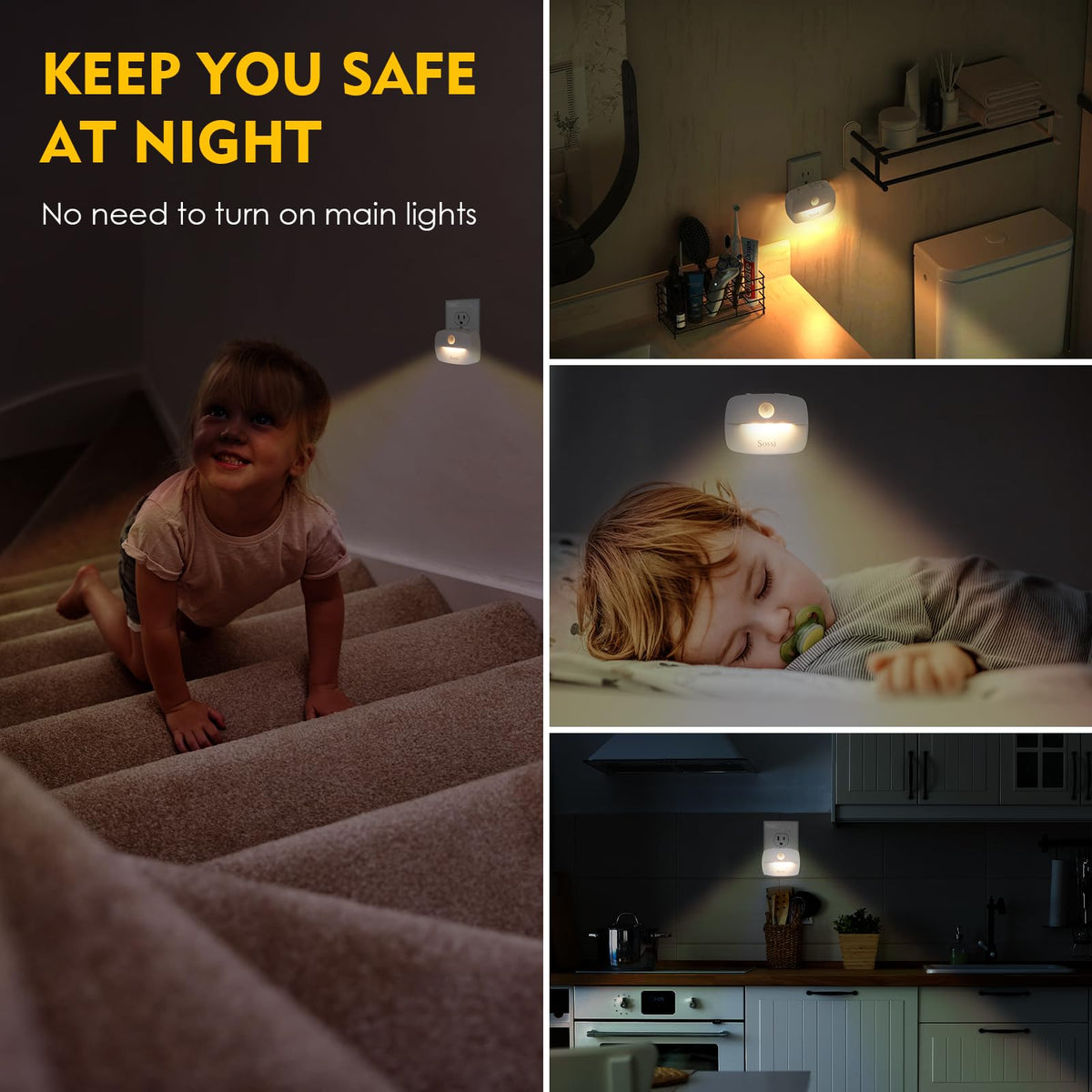 Sossi compact wall night lights save socket space in rooms.