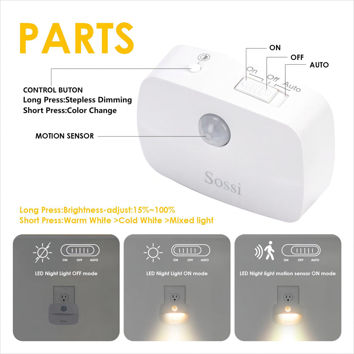 Sossi dusk-to-dawn sensor activates on motion in dark areas.