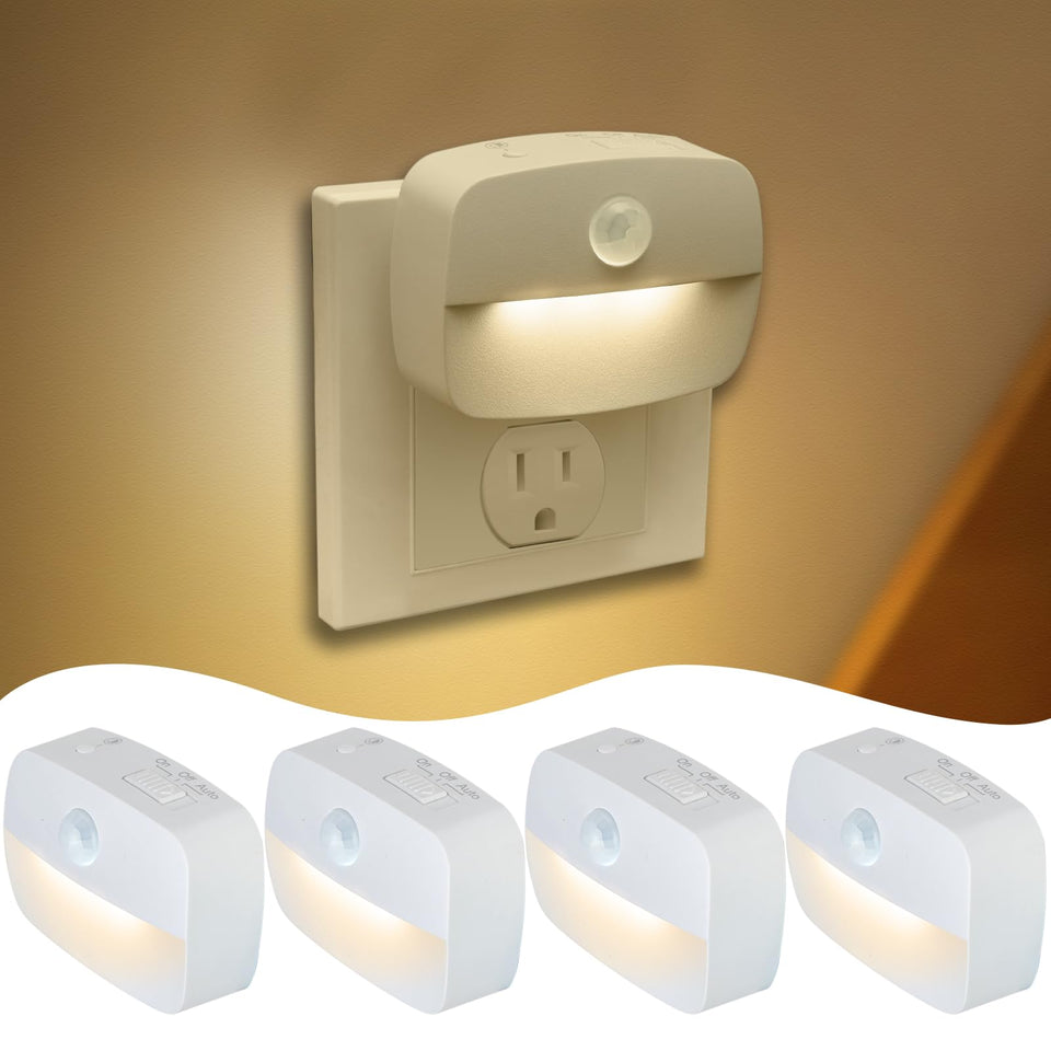 Sossi motion sensor night light plugged into wall, four-pack setup for easy placement.