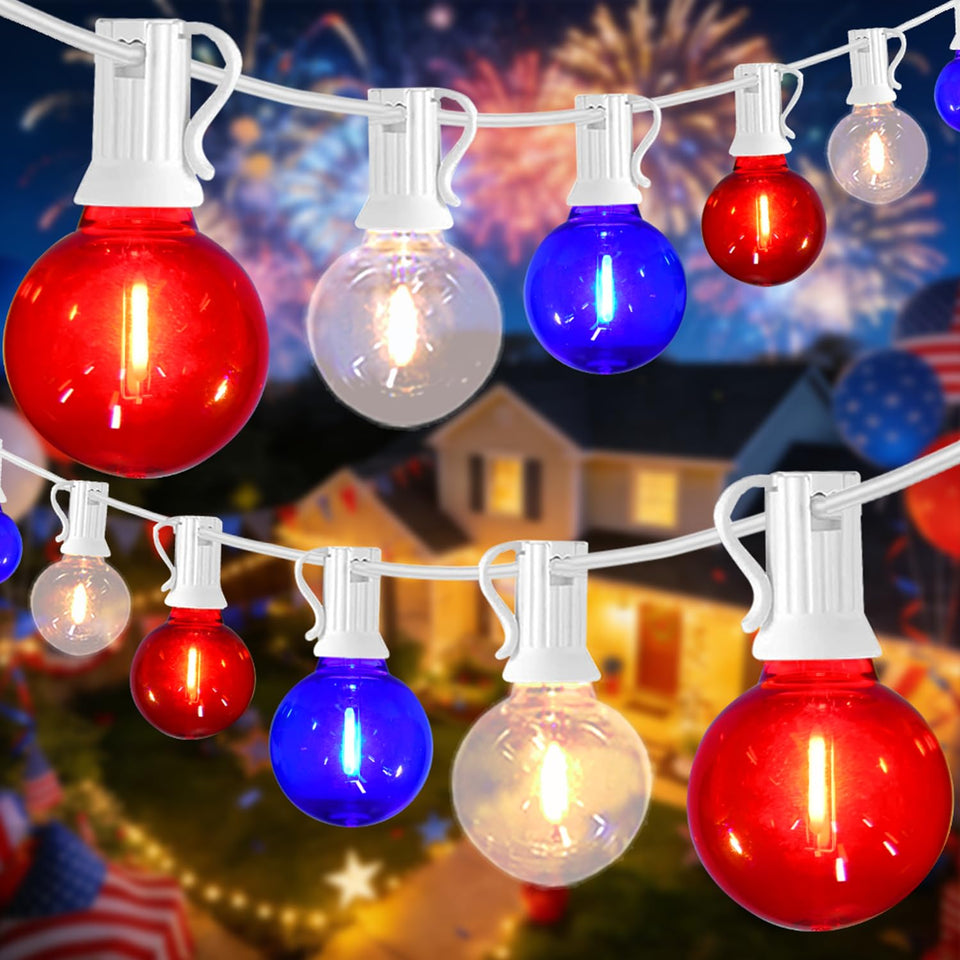 SOTOPOO G40 red white blue lights string for outdoor patriotic decor.