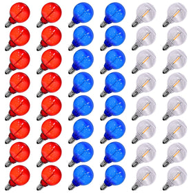SOTOPOO red white blue G40 LED bulbs illuminate outdoor patriotic decor with a vibrant glow.