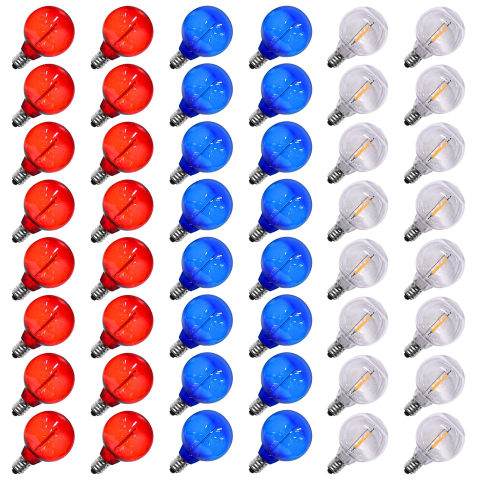 SOTOPOO red white blue G40 LED bulbs illuminate outdoor patriotic decor with a vibrant glow.