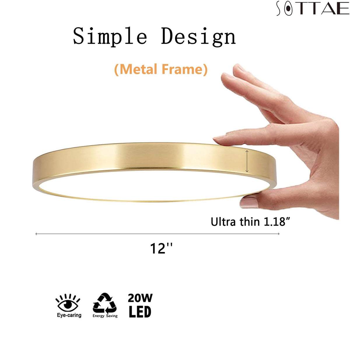 SOTTAE 12-inch brushed gold ceiling light flat profile for modern interiors
