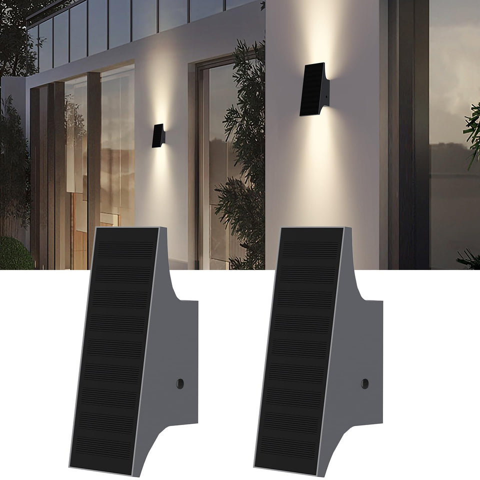 SOTTLOT solar sconce light with up-down glow, front view showing balanced illumination.