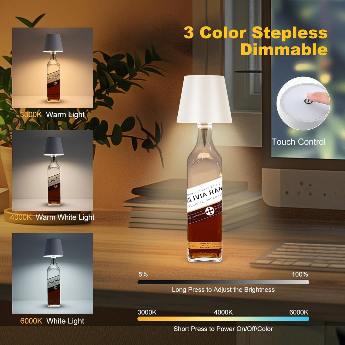 SOUDFK dimmable LED bottle light creating ambient mood for occasions.