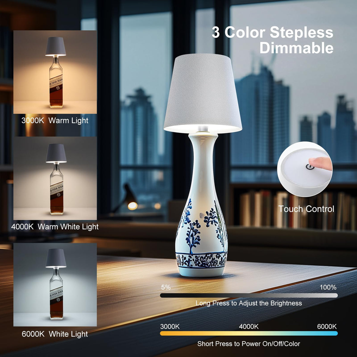 SOUDFK bottle lamp close-up shows tapered lampshade design and bottle customization