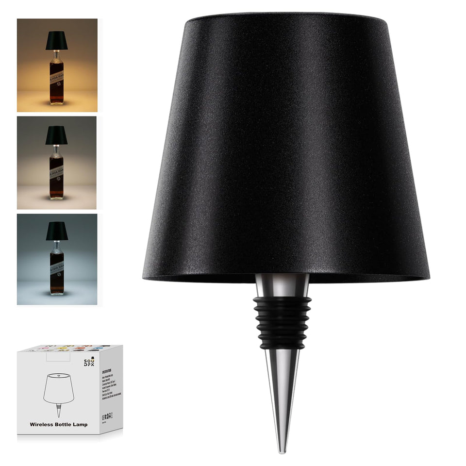 SOUDFK wireless bottle lamp in black base creates warm ambience for bars and home.