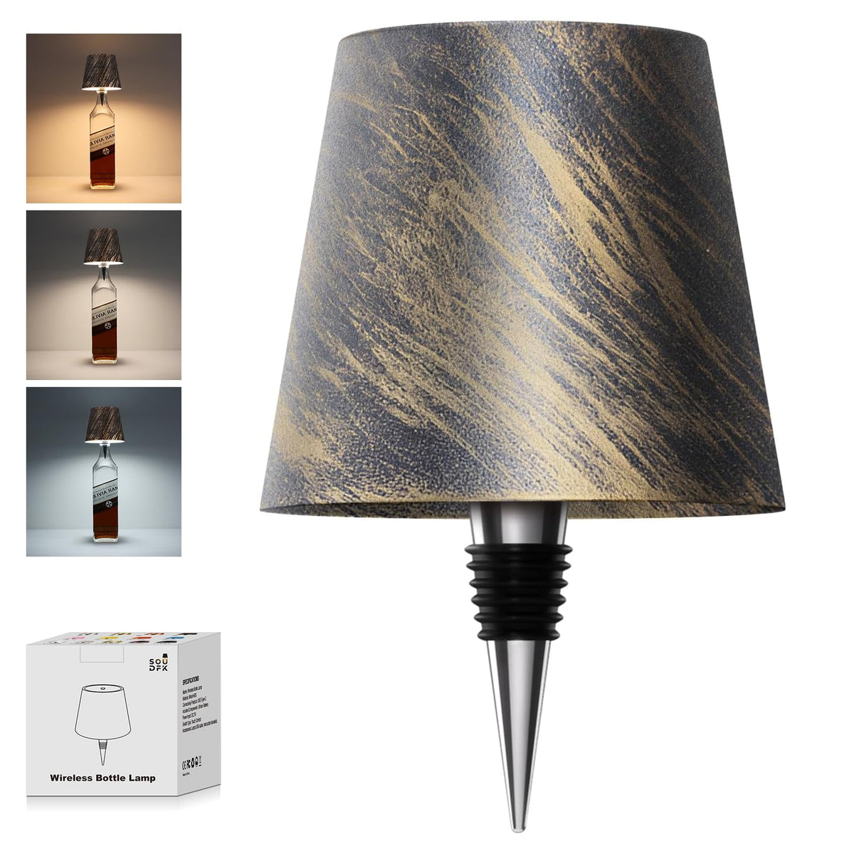 SOUDFK Wireless Bottle Lamp bronze finish with three color options for ambient bar lighting