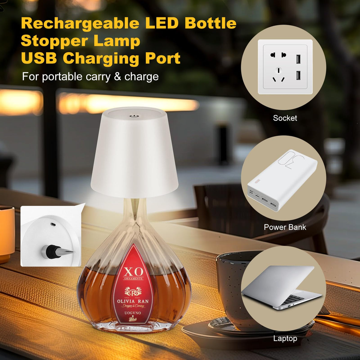 SOUDFK USB-C rechargeable bottle lamp charging via USB-C port
