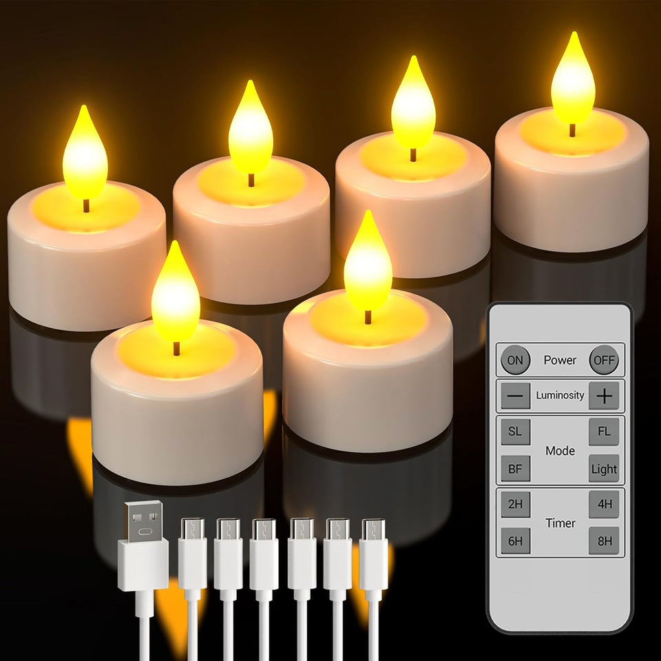 SoulBay rechargeable tea lights with remote cast a warm ambient glow without batteries.