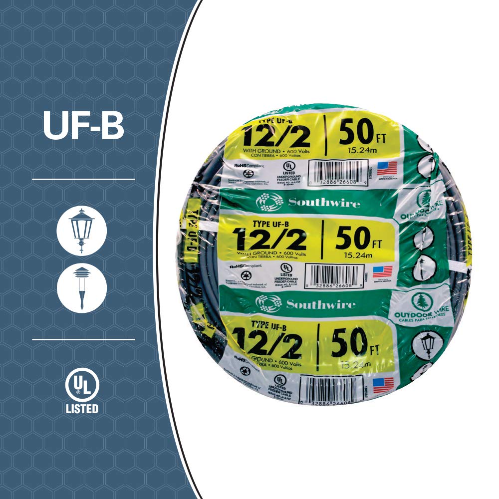 Southwire UF-B cable with copper conductors rated up to 90°C for exterior runs.