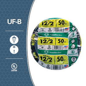 Southwire UF-B cable with copper conductors rated up to 90°C for exterior runs.