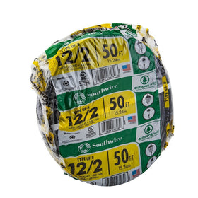 Southwire 12/2 UF-B underground cable, UL listed for safe direct burial outdoors.