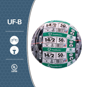 Cross-section view of Southwire UF wire showing copper conductors and thermoplastic insulation