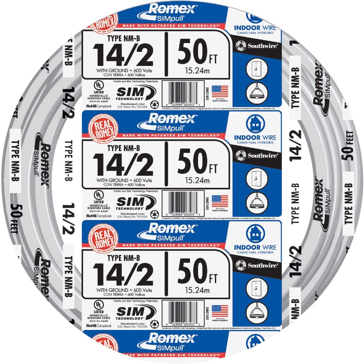 Southwire 14/2 Romex NM-B with ground, white, 50 ft, ideal for indoor residential wiring.