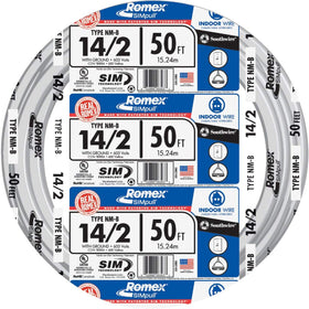 Southwire 14/2 Romex NM-B with ground, white, 50 ft, ideal for indoor residential wiring.