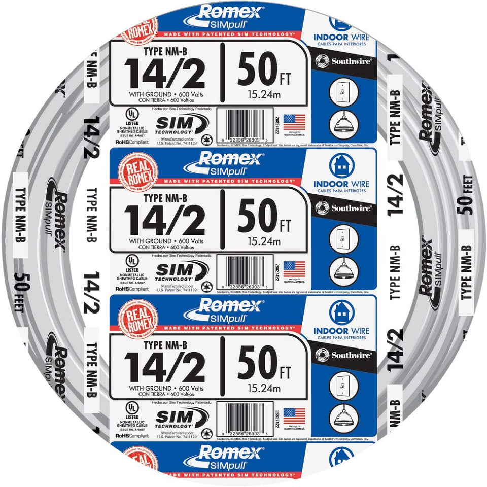 Southwire 14/2 Romex NM-B with ground, white, 50 ft, ideal for indoor residential wiring.