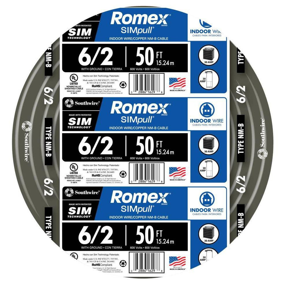 Southwire NM-B 6/2 wire with black jacket, 50 ft, copper conductor for residential wiring.