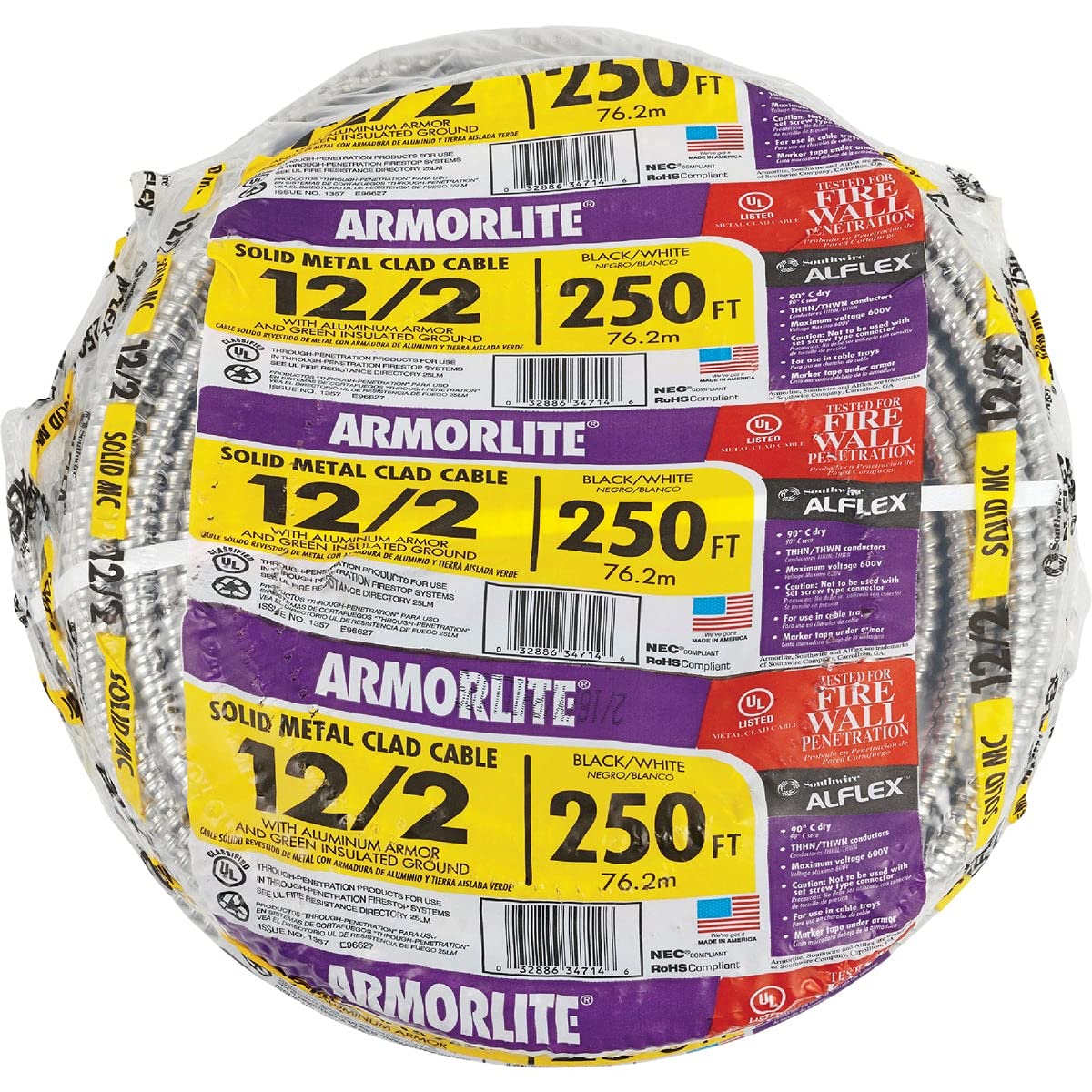 Southwire 68580055 MC Lite cable on spool for durable indoor wiring